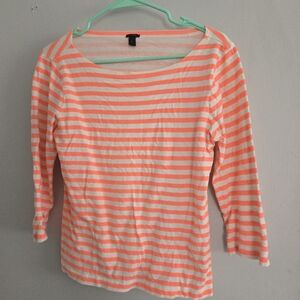 J. Crew White & Coral Striped Long Sleeve Scoop Tee